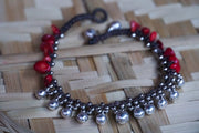 Red Coral Stones Bell Boho Silver Anklet