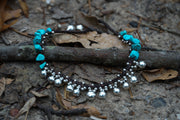 Turquoise & Silver Bell Bracelet | Handwoven Boho Charm